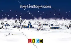 Płaska ilustracja zimowej wioski: jasne domki z żółtymi oknami, zielone choinki i śnieg pod granatowym niebem