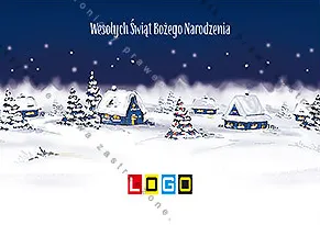 Płaska ilustracja zimowej wioski: jasne domki z żółtymi oknami, zielone choinki i śnieg pod granatowym niebem