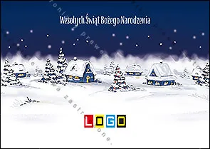 Płaska ilustracja zimowej wioski: jasne domki z żółtymi oknami, zielone choinki i śnieg pod granatowym niebem