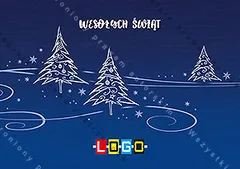 Trzy choinki rysowane cienkim białym konturem na gładkim granatowym tle z wirującymi liniami i gwiazdkami