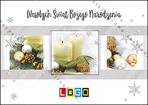 Trzy kwadratowe zdjęcia obok siebie: gałązki z bombkami, kremowe świece i złote ozdoby na srebrzystoszarym tle