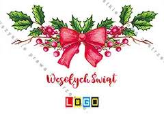 Biały front z symetryczną girlandą z liści i czerwonych jagód ostrokrzewu, pośrodku czerwona kokarda