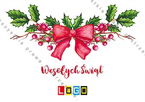 Biały front z symetryczną girlandą z liści i czerwonych jagód ostrokrzewu, pośrodku czerwona kokarda