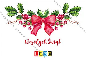 Biały front z symetryczną girlandą z liści i czerwonych jagód ostrokrzewu, pośrodku czerwona kokarda