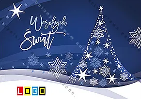 Trójkątne drzewko ułożone z gwiazd i śnieżynek na głębokim granatowym tle, z miękkimi liniami zasp wokół