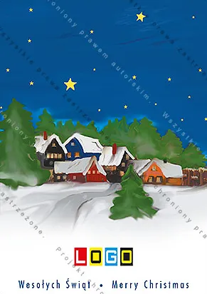 Płaska ilustracja zimowej wioski z kolorowymi domkami, zaśnieżoną drogą i złocistymi gwiazdami na granatowym niebie