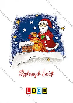Rysunkowy Mikołaj na dachu przy ceglanym kominie, z pękatym workiem prezentów, pod granatową, gwiaździstą nocą