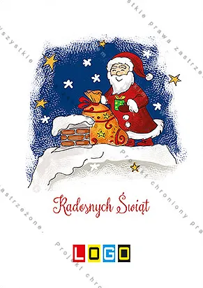 Rysunkowy Mikołaj na dachu przy ceglanym kominie, z pękatym workiem prezentów, pod granatową, gwiaździstą nocą