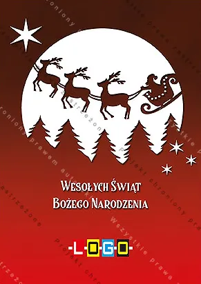 Czarne sylwetki trzech lecących reniferów z saniami Mikołaja przed białą tarczą księżyca, nad linią lasu, na tle od brązu do czerwieni