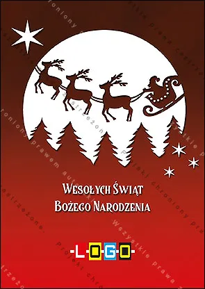 Czarne sylwetki trzech lecących reniferów z saniami Mikołaja przed białą tarczą księżyca, nad linią lasu, na tle od brązu do czerwieni
