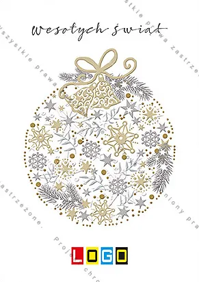 Okrągły ornament ze śnieżynek, listków i dzwoneczków w srebrze i złocie z kokardą na białym tle
