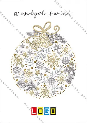 Okrągły ornament ze śnieżynek, listków i dzwoneczków w srebrze i złocie z kokardą na białym tle