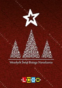 Duża biała gwiazda nad trzema ażurowymi choinkami ze spiralnym wzorem na ciemnej, ziarnistej czerwieni