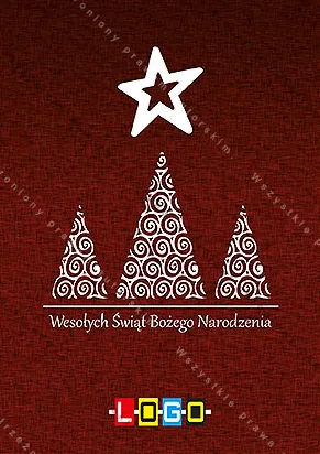 Duża biała gwiazda nad trzema ażurowymi choinkami ze spiralnym wzorem na ciemnej, ziarnistej czerwieni