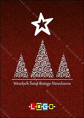 Duża biała gwiazda nad trzema ażurowymi choinkami ze spiralnym wzorem na ciemnej, ziarnistej czerwieni