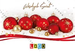Grupa czerwonych kul ze złotym wzorem gwiazd na białym tle, u dołu falista czerwona wstążka
