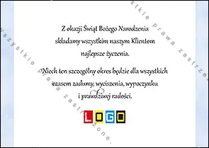 Po lewej błękitny panel z choinką z falistych pasów, po prawej białe pole z granatowym napisem i niebieskimi gwiazdkami