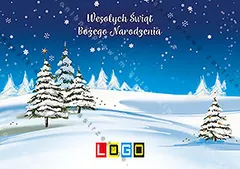 Trzy duże ośnieżone choinki po lewej, za nimi wzgórza z mniejszymi drzewami pod granatowym niebem ze śniegiem