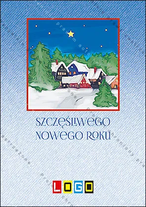 Kwadratowy widok ośnieżonej wioski z czerwonymi dachami i złotą gwiazdą, oprawiony w czerwoną ramkę, tło błękitne