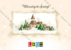 Kościół z domkami i zielonymi choinkami w prostokątnej winiecie na beżowym tle z białymi gwiazdkami