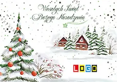 Ośnieżona choinka z czerwonymi bombkami po lewej i drewniane chatki w śniegu po prawej na białym tle
