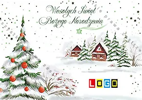 Ośnieżona choinka z czerwonymi bombkami po lewej i drewniane chatki w śniegu po prawej na białym tle
