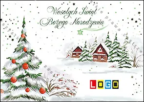 Ośnieżona choinka z czerwonymi bombkami po lewej i drewniane chatki w śniegu po prawej na białym tle