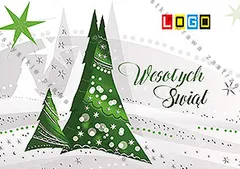 Trzy kanciaste choinki w dwóch odcieniach zieleni z białymi kropkami, w tle szare sylwetki drzew i gwiazd