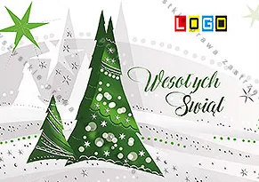 Trzy kanciaste choinki w dwóch odcieniach zieleni z białymi kropkami, w tle szare sylwetki drzew i gwiazd