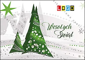 Trzy kanciaste choinki w dwóch odcieniach zieleni z białymi kropkami, w tle szare sylwetki drzew i gwiazd