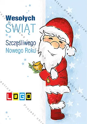 Uśmiechnięty Mikołaj w czerwonym stroju ze złotym dzwonkiem wychyla się zza krawędzi, tło błękitno-białe z gwiazdkami