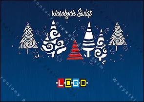 Sześć wycinankowych choinek w bieli i czerwieni na lnianej fakturze granatu, wokół kropki i spiralki