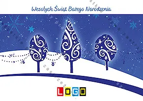 Trzy stylizowane drzewka z granatowymi koronami w białe spirale na śnieżnym wzgórzu, między nimi girlandy