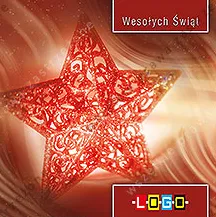 Ażurowa czerwona gwiazda z jasną poświatą na falującej czerwieni, w białej ramce u góry napis „Wesołych Świąt”