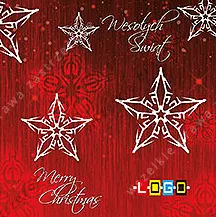Białe ażurowe pięcioramienne gwiazdy na czerwonym tle z fakturą drewna, napisy „Wesołych Świąt” i „Merry Christmas”