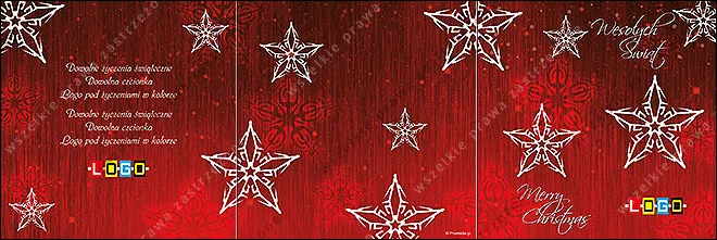 Białe ażurowe pięcioramienne gwiazdy na czerwonym tle z fakturą drewna, napisy „Wesołych Świąt” i „Merry Christmas”