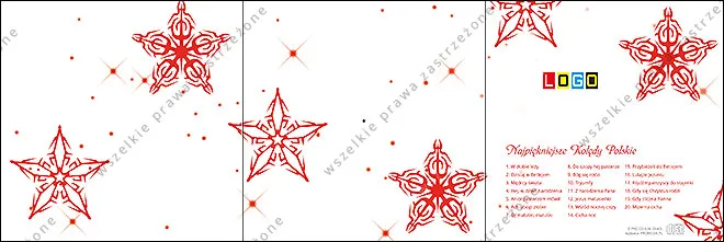 Białe ażurowe pięcioramienne gwiazdy na czerwonym tle z fakturą drewna, napisy „Wesołych Świąt” i „Merry Christmas”