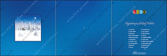 Zdjęcie zimowego lasu z drewnianą chatą i płotem w białej ramce, niebo wieczorem, tło niebieskie w drobny wzór