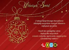 Pozioma e-kartka z dużą złotą bombką na girlandzie, czerwonym tłem, życzeniami po prawej i polem na logo