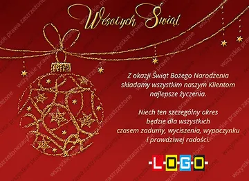 Pozioma e-kartka z dużą złotą bombką na girlandzie, czerwonym tłem, życzeniami po prawej i polem na logo