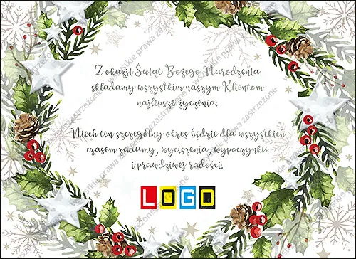 Biała kartka obramowana akwarelowymi gałązkami ostrokrzewu z czerwonymi jagodami, szyszkami i srebrnymi gwiazdami