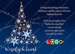 Drzewko złożone z jasnoniebieskich, białych i pomarańczowych gwiazd na granatowym tle z napisem u dołu