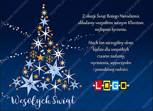 Drzewko złożone z jasnoniebieskich, białych i pomarańczowych gwiazd na granatowym tle z napisem u dołu