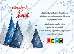 Las granatowych i białych choinek na śnieżnym pagórku z czerwonym napisem Wesołych Świąt w rogu