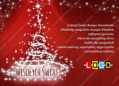 Choinka z białej spiralnej wstęgi światła i iskier na czerwonym tle z napisem Wesołych Świąt u podstawy