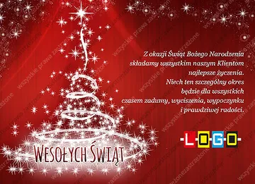Choinka z białej spiralnej wstęgi światła i iskier na czerwonym tle z napisem Wesołych Świąt u podstawy