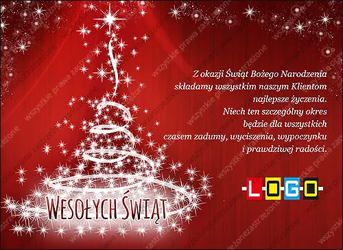 Choinka z białej spiralnej wstęgi światła i iskier na czerwonym tle z napisem Wesołych Świąt u podstawy