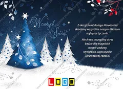 Nocny las białych choinek w niebieskie kropki z jednym większym drzewkiem w błękicie i napisem Wesołych Świąt