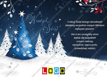 Nocny las białych choinek w niebieskie kropki z jednym większym drzewkiem w błękicie i napisem Wesołych Świąt
