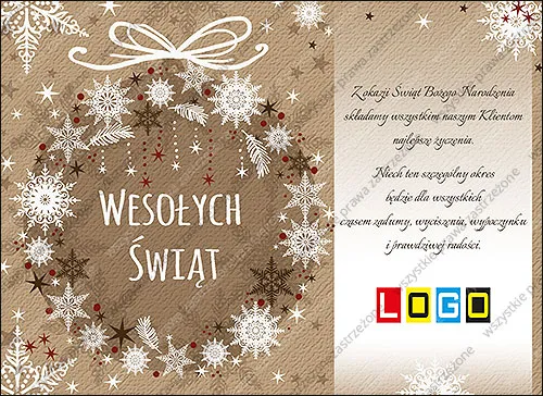 Okrągły wianek z białych śnieżynek z bordowymi kropkami i napisem Wesołych Świąt na beżowym papierze